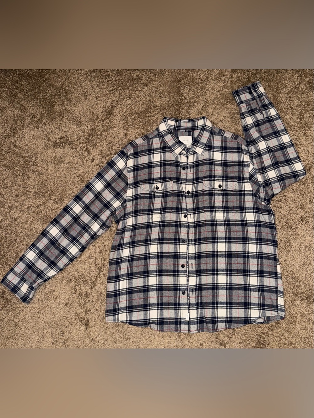 American Eagle Outfitters White Navy Red Plaid Button-Down Shirt